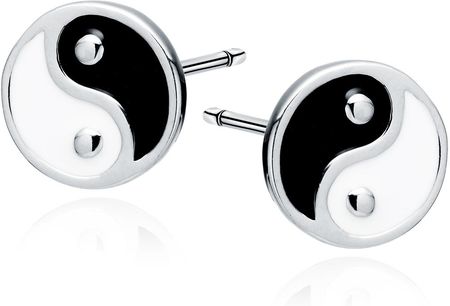 Delikatne okrągłe rodowane srebrne kolczyki yin yang czarna emalia srebro 925 Z1964ER