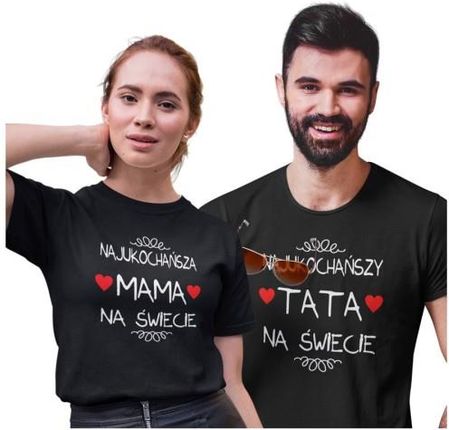 Koszulka dla Mamy i Taty na Dzień Matki i Ojca z napisem Najukochańsza MAMA na świecie i Najukochańszy TATA na świecie w kolorze czarnym