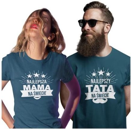 Koszulka dla Mamy i Taty na Dzień Matki i Ojca z napisem Najlepsza mama na świecie i Najlepszy tata na świecie w kolorze petrol blue
