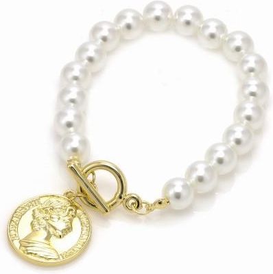 Nefryt Bransoletka z białymi perełkami i złotą monetą