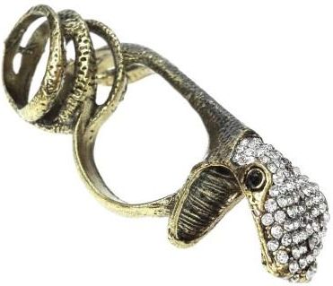 Nefryt Pierścionek wąż snake na dwa palce z kryształkami kolor złoty