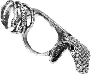 Nefryt Pierścionek wąż snake na dwa palce z kryształkami kolor srebrny