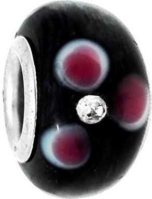 Nefryt Zawieszka beads - czarny z bordowym kwiatem i cyrkonią