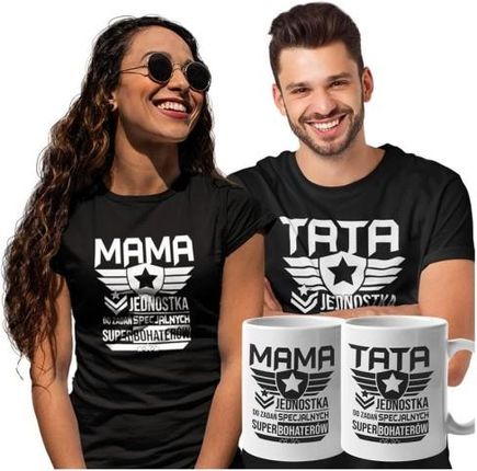 Koszulki dla Rodziców na Dzień Mamy i Taty zestaw z kubkami z napisem MAMA jednostka do zadań specjalnych super bohaterów i TATA jednostka do zadań sp