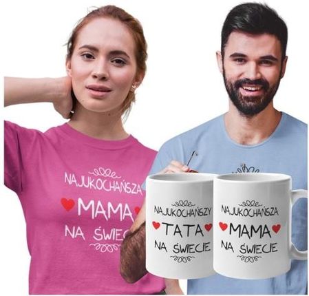 Koszulki dla Rodziców na Dzień Mamy i Taty zestaw z kubkami z napisem Najukochańsza mama na świecie i Najukochańszy tata na świecie w kolorze różowym