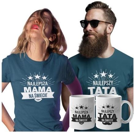 Koszulki dla Rodziców na Dzień Mamy i Taty zestaw z kubkami z napisem Najlepsza mama na świecie i Najlepszy tata na świecie w kolorze petrol blue