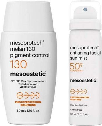 Mesoestetic Zestaw Przeciwsłoneczny Do Twarzy Mesoprotech Melan 130+ Pigment Control 50ml + Antiaging Facial Sun Mist Spf50+ 60ml