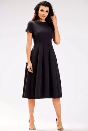 Elegancka sukienka midi z efektownymi zakładkami (Czarny, S)