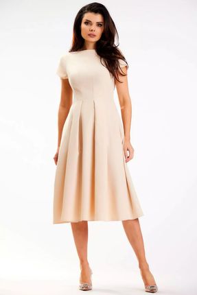 Elegancka sukienka midi z efektownymi zakładkami (Beżowy, S)