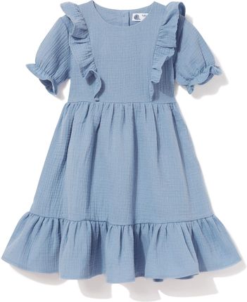 Sukienka muślinowa z falbanką błękitna, krótki rękaw