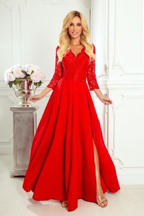 309-3 AMBER elegancka koronkowa długa suknia z dekoltem &#8211; CZERWONA - xxl