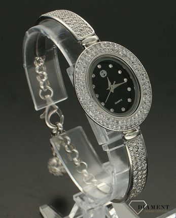 Zegarek damski srebrny z cyrkoniami 925 'Czarny Owal' TS 008