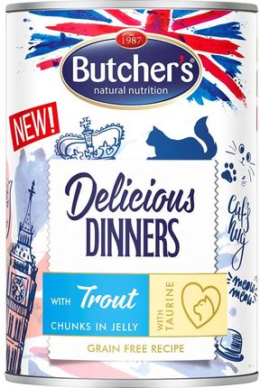 Butcher's Delicious Dinners Cat z pstrągiem kawałki w galaretce 24x400g