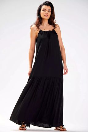 Długa sukienka oversize z falbaną (Czarny, L/XL)