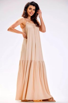 Długa sukienka oversize z falbaną (Beżowy, S/M)