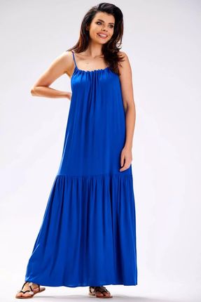 Długa sukienka oversize z falbaną (Niebieski, S/M)