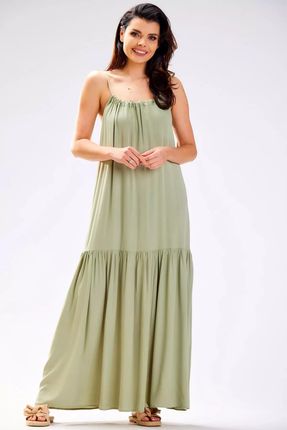Długa sukienka oversize z falbaną (Zielony, S/M)
