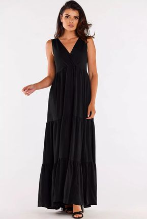 Sukienka maxi na szerokich ramiączkach z falbanami (Czarny, S)