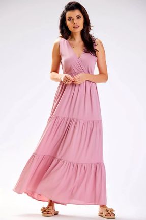 Sukienka maxi na szerokich ramiączkach z falbanami (Różowy, S)
