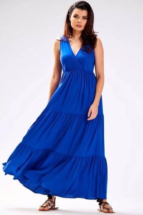 Sukienka maxi na szerokich ramiączkach z falbanami (Niebieski, S)