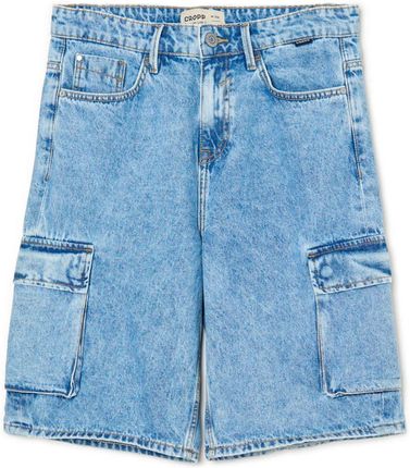 Cropp - Niebieskie szorty jeansowe z kieszeniami cargo - Niebieski