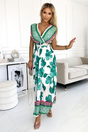 463-1 Plisowana sukienka maxi z dekoltem i paskiem - ZIELONY wzór boho (kolor Kwiatowy Zielony, rozmiar UNI)
