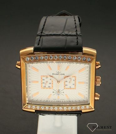 Duży zegarek damski Różowe złoto na szerokim czarnym pasku Rubicon RN10B22