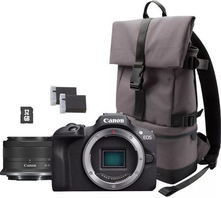 Canon EOS R100 + RF-S 18-45 mm f/4.5-6.3 IS STM + plecak + karta SD 32 GB + zapasowy akumulator LP-E17 