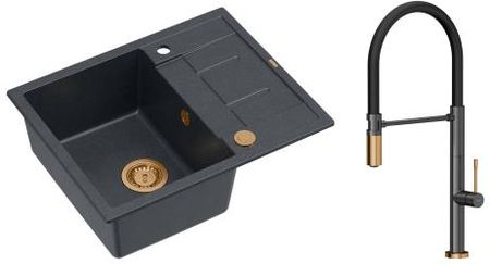 Quadron Zlewozmywak granitowy 62*50*22 cm MORGAN 116 BLACK DIAMOND z syfonem Push-2-Open w kolorze miedzianym z baterią MARGOT grafit/miedź/czarny wąż