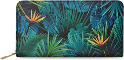KOLOROWY DUŻY PORTFEL DAMSKI Z NADRUKIEM POJEMNA PORTMONETKA KOPERTÓWKA NA ZAMEK PRINT TROPIKALNY BOTANICZNY WZÓR LIŚCIE PALMA MONSTERA - CZARNY Z ZIE