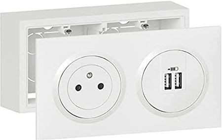 Legrand Kit2P+T/2Xusb Bl Zestaw Gniazd Powierzchnia + Moduł Ładowania 2 Usb TypA Dooxie 2,4 Okablowane Z Ramą Natynkową Biały LEG300410