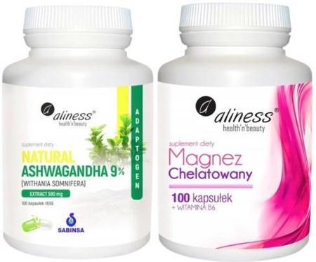 Kapsułki Zestaw Ashwaganda 590 Mg 9% X 100 Vege szt. + Magnez Chelatowany 560Mg+Vitb6 X 100 szt.