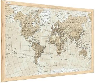 Allboards Obraz Mapa Świata Beżowe Pastelowe Kolory 60X40Cm W Ramie Drewnianej Naturalnej
