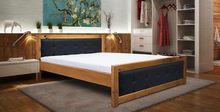 Łóżko sypialniane, łóżko drewniane LEONI  140x200 cm dębowe dwa panele w tkaninie obiciowej