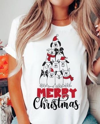 damska koszulka z motywem świątecznym i psami