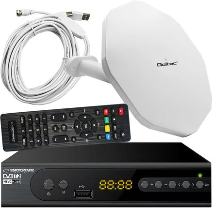 Tuner cyfrowy Esperanza EV106R DVB-T2 H.265/HEVC + antena zew/wew + kabel 8m
