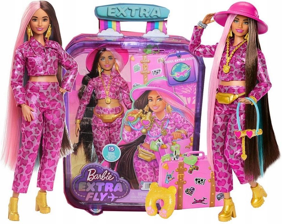 Boneca Barbie com Moda Safari, Mosca Barbie Extra, Roupa Animal Estampado  Rosa e Mala Rosa - Dular