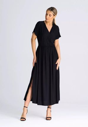 Długa rozkloszowana sukienka z kopertowym dekoltem (Czarny, L/XL)