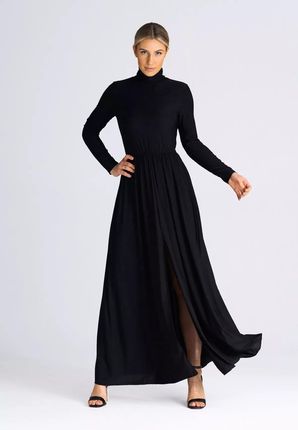 Efektowna długa sukienka z golfem (Czarny, XL)