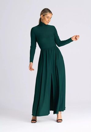 Efektowna długa sukienka z golfem (Zielony, XL)