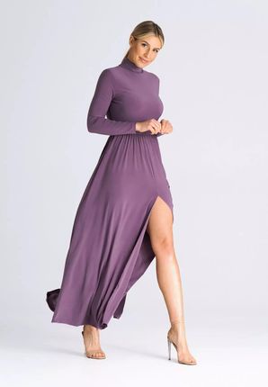 Efektowna długa sukienka z golfem (Fioletowy, XL)