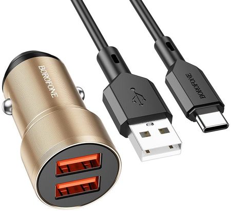 Markowe Borofone Ładowarka Samochodowa Bz19 Wisdom 2Xusb 12W Z Kablem Usb Na Typ C Złota