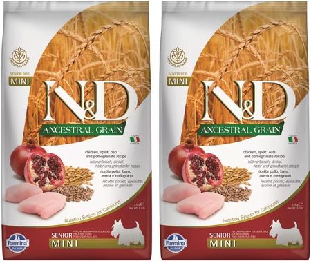 Farmina N&D Ancestral Grain Dog Chicken Spelt Oats And Pomegranate Senior Mini Dla Starszych Psów Małych Ras 2x2.5kg