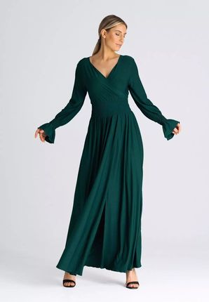 Długa sukienka z efektownym marszczeniem w pasie (Zielony, S/M)