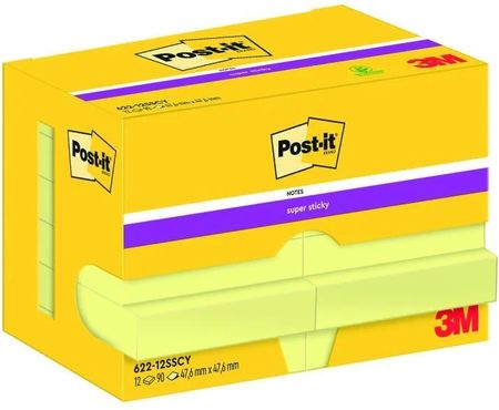 Post-It-3M Karteczki Samoprzylepne Post-It® Super Sticky (622-12Sscy-Eu), 47,6X47,6 Mm, 12X90 Kart., Żółte