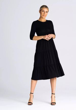 Długa sukienka z falbanami i okrągłym dekoltem (Czarny, L)