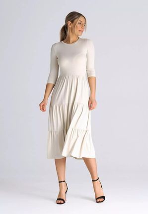 Długa sukienka z falbanami i okrągłym dekoltem (Beżowy, XL)