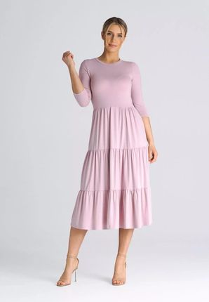 Długa sukienka z falbanami i okrągłym dekoltem (Różowy, S)