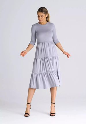 Długa sukienka z falbanami i okrągłym dekoltem (Szary, XL)