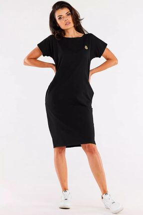 Wygodna bawełniana sukienka z kieszeniami (Czarny, XL)